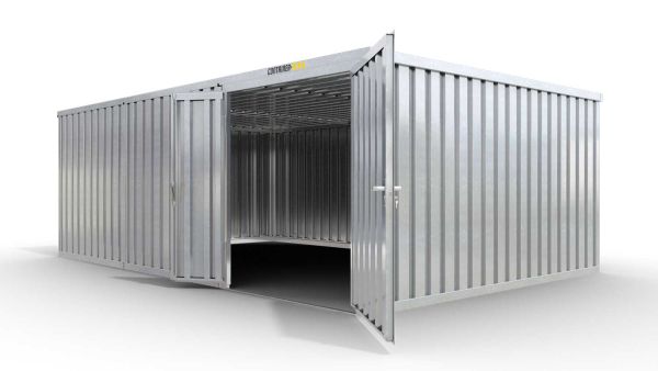 Lagercontainer M3  – 18 qm, H2115 x B3050 x T6520 mm, verzinkt, ohne Fußboden, 1830 mm Doppelflügeltür mittig in Modul D, zerlegt