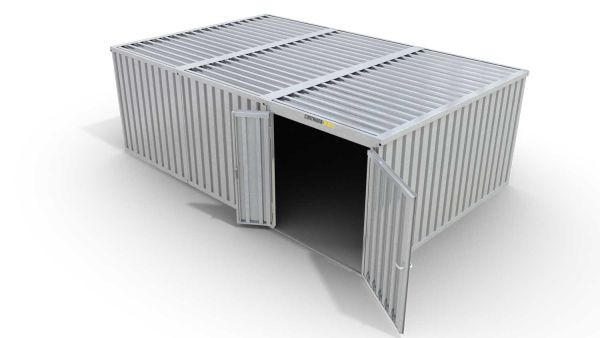 Lagercontainer L3  – 25 qm, H2115 x B4050 x T6520 mm, verzinkt, ohne Fußboden, 1830 mm Doppelflügeltür mittig in Modul D, zerlegt