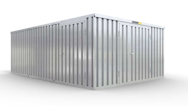 Lagercontainer XL3  – 32 qm, H2150 x B5080 x T6520 mm, verzinkt, mit Holzfußboden, 1830 mm Doppelflügeltür mittig in Stirnseite und 1270 mm Einflügeltür mittig in Modul C, zerlegt