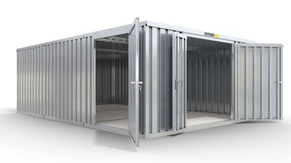 Lagercontainer L3  – 25 qm, H2150 x B4050 x T6520 mm, verzinkt, mit Holzfußboden, 1830 mm Doppelflügeltür mittig in Stirnseite und 1270 mm Einflügeltür mittig in Modul C, zerlegt