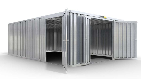 Lagercontainer L3  – 25 qm, H2115 x B4050 x T6520 mm, verzinkt, ohne Fußboden, 1830 mm Doppelflügeltür mittig in Stirnseite und 1270 mm Einflügeltür mittig in Modul C, zerlegt