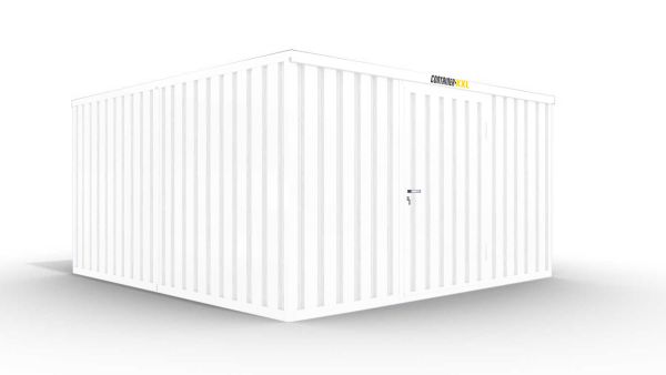 Isolierter Lagercontainer-Anlage – 20 qm, 2405 x 5080 x 4340 mm, grauweiß, mit Holzfußboden, 1180 mm Einflügeltür mittig in Breitseite, vormontiert