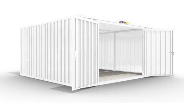 Isolierter Lagercontainer-Anlage – 20 qm, 2500 x 5080 x 4340 mm, grauweiß, mit isoliertem Boden, 2400 mm Doppelflügeltür mittig in Stirnseite, vormontiert