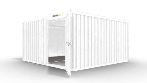 Isolierter Lagercontainer-Anlage – 16 qm, 2405 x 4050 x 4340 mm, grauweiß, mit Holzfußboden, 1180 mm Einflügeltür mittig in Modul D, vormontiert