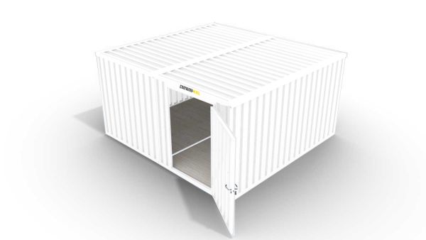 Isolierter Lagercontainer-Anlage – 16 qm, 2500 x 4050 x 4340 mm, grauweiß, mit isoliertem Boden, 1180 mm Einflügeltür mittig in Modul D, vormontiert