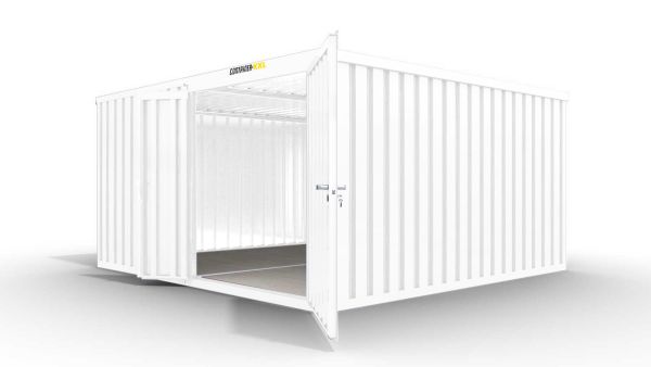 Isolierter Lagercontainer-Anlage – 12 qm, 2500 x 3050 x 4340 mm, grauweiß, mit isoliertem Boden, 1840 mm Doppelflügeltür mittig in Modul D, vormontiert