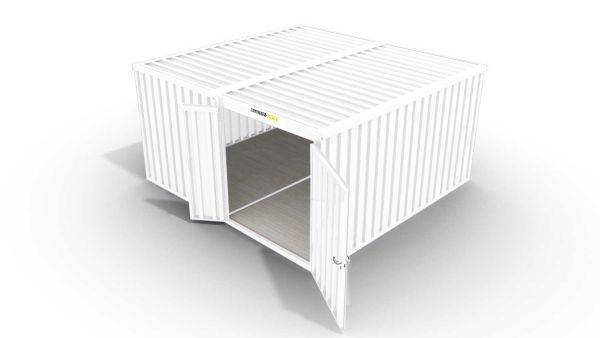 Isolierter Lagercontainer-Anlage – 12 qm, 2405 x 3050 x 4340 mm, grauweiß, mit Holzfußboden, 1840 mm Doppelflügeltür mittig in Modul D, vormontiert