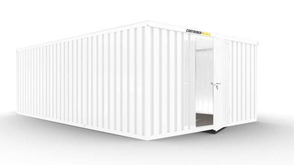 Isolierter Lagercontainer-Anlage – 25 qm, 2405 x 4050 x 6520 mm, grauweiß, mit Holzfußboden, 1180 mm Einflügeltür mittig in Breitseite, montiert