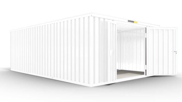 Isolierter Lagercontainer-Anlage – 30 qm, 2500 x 5080 x 6520 mm, grauweiß, mit isoliertem Boden, 1840 mm Doppelflügeltür mittig in Stirnseite, montiert