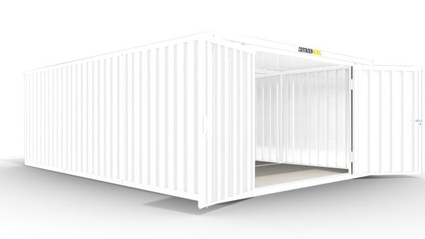 Isolierter Lagercontainer-Anlage – 18 qm, 2500 x 3050 x 6520 mm, grauweiß, mit isoliertem Boden, 2400 mm Doppelflügeltür mittig in Stirnseite, vormontiert