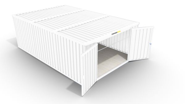 Isolierter Lagercontainer-Anlage – 18 qm, 2405 x 3050 x 6520 mm, grauweiß, mit Holzfußboden, 2400 mm Doppelflügeltür mittig in Stirnseite, vormontiert