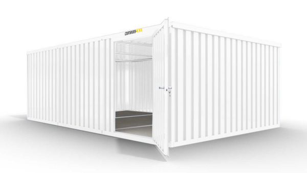 Isolierter Lagercontainer-Anlage – 18 qm, 2405 x 3050 x 6520 mm, grauweiß, mit Holzfußboden, 1180 mm Einflügeltür mittig in Modul D, vormontiert