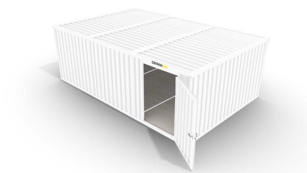 Isolierter Lagercontainer-Anlage – 18 qm, 2500 x 3050 x 6520 mm, grauweiß, mit isoliertem Boden, 1180 mm Einflügeltür mittig in Modul D, vormontiert