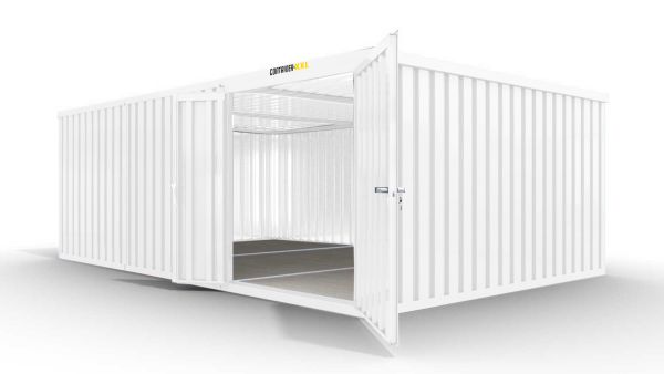 Isolierter Lagercontainer-Anlage – 25 qm, 2405 x 4050 x 6520 mm, grauweiß, mit Holzfußboden, 1840 mm Doppelflügeltür mittig in Modul D, montiert