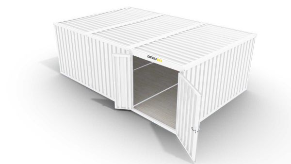 Isolierter Lagercontainer-Anlage – 18 qm, 2500 x 3050 x 6520 mm, grauweiß, mit isoliertem Boden, 1840 mm Doppelflügeltür mittig in Modul D, vormontiert