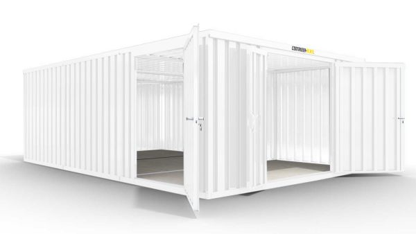 Isolierter Lagercontainer-Anlage – 25 qm, 2500 x 4050 x 6520 mm, verzinkt, mit isoliertem Boden, 1840 mm Doppelflügeltür mittig in Stirnseite und 1180 mm Einflügeltür mittig in Modul C, montiert