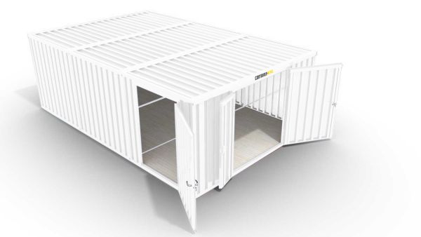 Isolierter Lagercontainer-Anlage – 18 qm, 2500 x 3050 x 6520 mm, verzinkt, mit isoliertem Boden, 1840 mm Doppelflügeltür mittig in Stirnseite und 1180 mm Einflügeltür mittig in Modul C, vormontiert