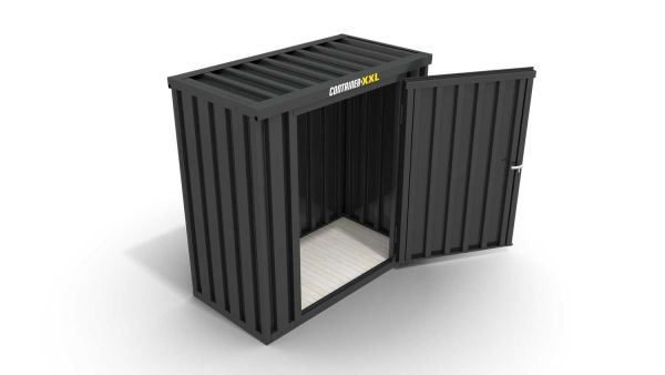 Lagercontainer XS  – 2 qm, H2150 x B2100 x T1140 mm, Außenwandlackierung anthrazit, Dach außen verzinkt, mit Holzfußboden, 1270 mm Einflügeltür mittig in Breitseite, montiert