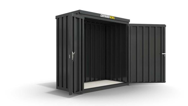 Lagercontainer S  – 4 qm, H2150 x B2100 x T2170 mm, Außenwandlackierung anthrazit, Dach außen verzinkt, mit Holzfußboden, 1830 mm Doppelflügeltür mittig in Breitseite, montiert