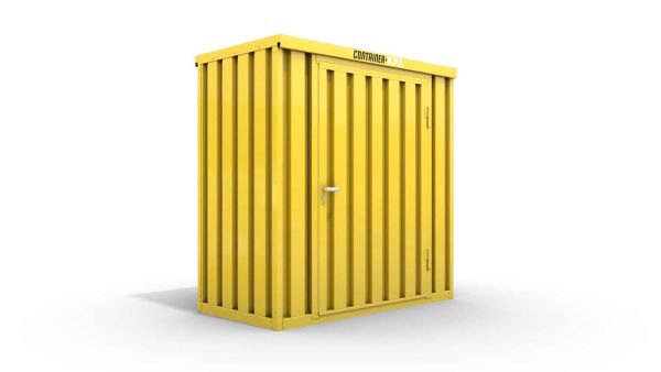 Lagercontainer XS  – 2 qm, H2150 x B2100 x T1140 mm, Außenwandlackierung RAL 1003 signalgelb, Dach außen verzinkt, mit Holzfußboden, 1270 mm Einflügeltür mittig in Breitseite, montiert