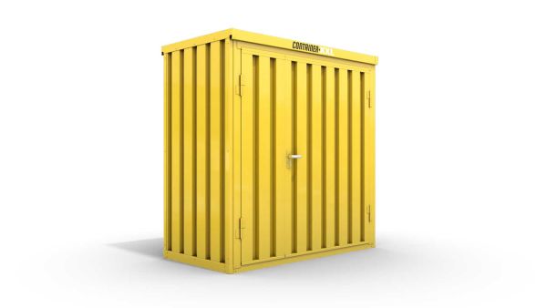 Lagercontainer XS  – 2 qm, H2150 x B2100 x T1140 mm, Außenwandlackierung RAL 1003 signalgelb, Dach außen verzinkt, mit Holzfußboden, 1830 mm Doppelflügeltür mittig in Breitseite, montiert