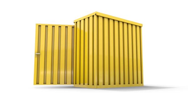 Lagercontainer S  – 4 qm, H2150 x B2100 x T2170 mm, Außenwandlackierung RAL 1003 signalgelb, Dach außen verzinkt, mit Holzfußboden, 1830 mm Doppelflügeltür mittig in Breitseite, montiert