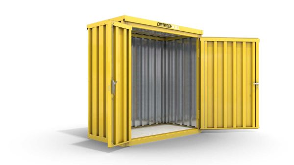 Lagercontainer XS  – 2 qm, H2150 x B2100 x T1140 mm, Außenwandlackierung RAL 1003 signalgelb, Dach außen verzinkt, mit Holzfußboden, 1830 mm Doppelflügeltür mittig in Breitseite, montiert