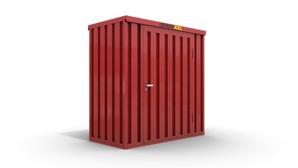 Lagercontainer S  – 4 qm, H2150 x B2100 x T2170 mm, Außenwandlackierung RAL 3000 feuerrot, Dach außen verzinkt, mit Holzfußboden, 1270 mm Einflügeltür mittig in Breitseite, montiert