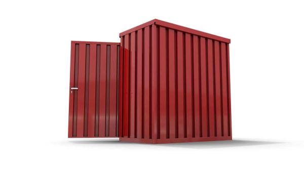 Lagercontainer S  – 4 qm, H2150 x B2100 x T2170 mm, Außenwandlackierung RAL 3000 feuerrot, Dach außen verzinkt, mit Holzfußboden, 1270 mm Einflügeltür mittig in Breitseite, montiert