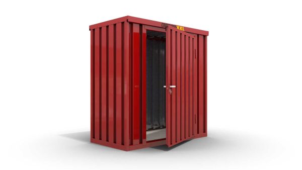 Lagercontainer S  – 4 qm, H2150 x B2100 x T2170 mm, Außenwandlackierung RAL 3000 feuerrot, Dach außen verzinkt, mit Holzfußboden, 1270 mm Einflügeltür mittig in Breitseite, montiert