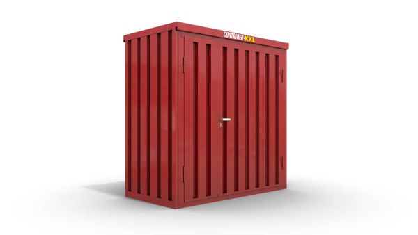 Lagercontainer S  – 4 qm, H2150 x B2100 x T2170 mm, Außenwandlackierung RAL 3000 feuerrot, Dach außen verzinkt, mit Holzfußboden, 1830 mm Doppelflügeltür mittig in Breitseite, montiert