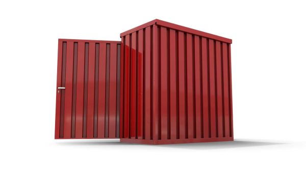 Lagercontainer S  – 4 qm, H2150 x B2100 x T2170 mm, Außenwandlackierung RAL 3000 feuerrot, Dach außen verzinkt, mit Holzfußboden, 1830 mm Doppelflügeltür mittig in Breitseite, montiert