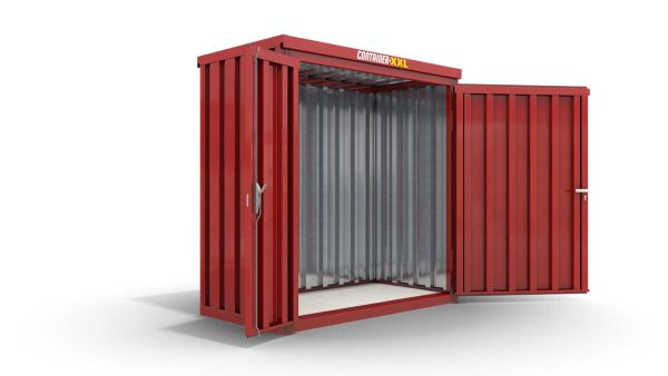 Lagercontainer XS  – 2 qm, H2150 x B2100 x T1140 mm, Außenwandlackierung RAL 3000 feuerrot, Dach außen verzinkt, mit Holzfußboden, 1830 mm Doppelflügeltür mittig in Breitseite, montiert