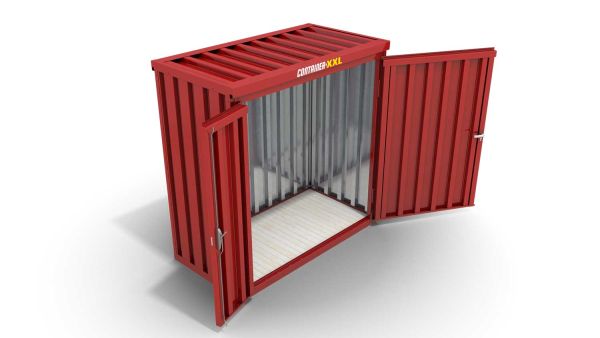 Lagercontainer XS  – 2 qm, H2150 x B2100 x T1140 mm, Außenwandlackierung RAL 3000 feuerrot, Dach außen verzinkt, mit Holzfußboden, 1830 mm Doppelflügeltür mittig in Breitseite, montiert