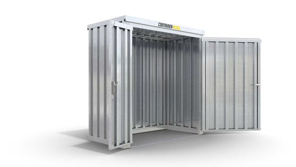 Lagercontainer XS  – 2 qm, H2115 x B2100 x T1140 mm, verzinkt, ohne Fußboden, 1830 mm Doppelflügeltür mittig in Breitseite, zerlegt