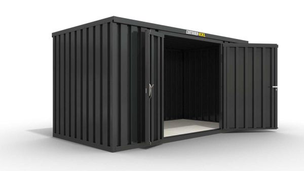 Lagercontainer XL  – 10 qm, H2150 x B5080 x T2170 mm, Außenwandlackierung anthrazit, Dach außen verzinkt, mit Holzfußboden, 1830 mm Doppelflügeltür mittig in Breitseite, montiert