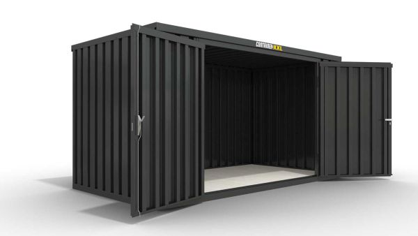 Lagercontainer XL  – 10 qm, H2150 x B5080 x T2170 mm, Außenwandlackierung anthrazit, Dach außen verzinkt, mit Holzfußboden, 2750 mm Doppelflügeltür mittig in Breitseite, montiert