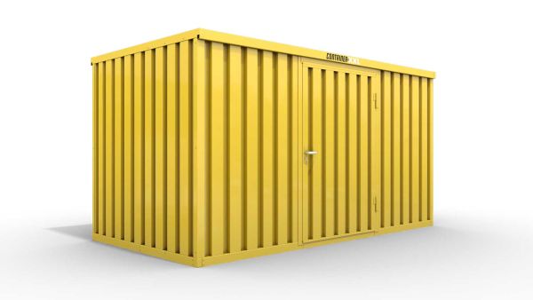 Lagercontainer L  – 8 qm, H2150 x B4050 x T2170 mm, Außenwandlackierung RAL 1003 signalgelb, Dach außen verzinkt, mit Holzfußboden, 1270 mm Einflügeltür mittig in Breitseite, montiert