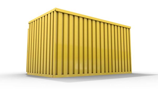 Lagercontainer XL  – 10 qm, H2150 x B5080 x T2170 mm, Außenwandlackierung RAL 1003 signalgelb, Dach außen verzinkt, mit Holzfußboden, 1270 mm Einflügeltür mittig in Breitseite, montiert