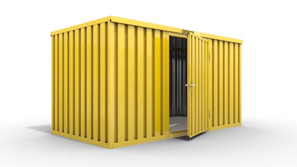 Lagercontainer M  – 6 qm, H2150 x B3050 x T2170 mm, Außenwandlackierung RAL 1003 signalgelb, Dach außen verzinkt, mit Holzfußboden, 1270 mm Einflügeltür mittig in Breitseite, montiert