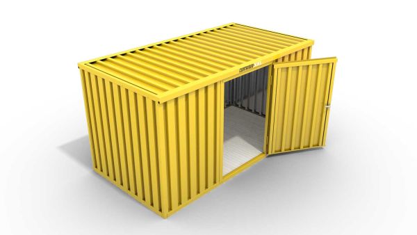 Lagercontainer M  – 6 qm, H2150 x B3050 x T2170 mm, Außenwandlackierung RAL 1003 signalgelb, Dach außen verzinkt, mit Holzfußboden, 1270 mm Einflügeltür mittig in Breitseite, montiert