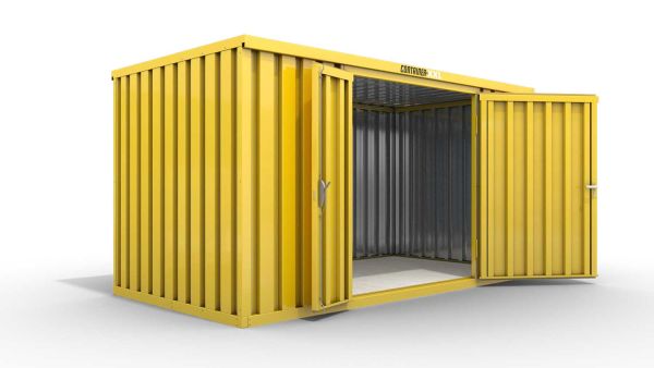 Lagercontainer L+  – 8 qm, H2532 x B4050 x T2170 mm, Außenwandlackierung RAL 1003 signalgelb, Dach außen verzinkt, mit Holzfußboden, 1830 mm Doppelflügeltür mittig in Breitseite, Erfolgt fertig montiert