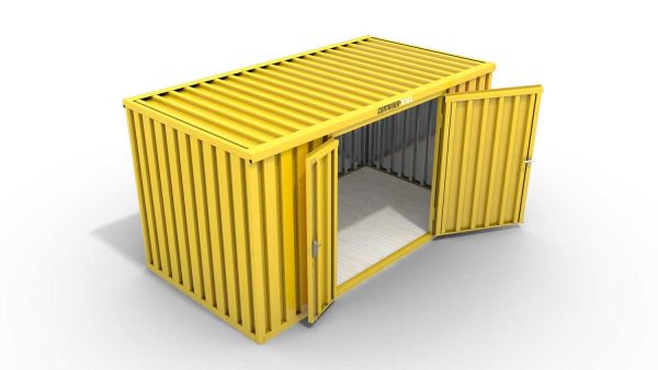 Lagercontainer L+  – 8 qm, H2532 x B4050 x T2170 mm, Außenwandlackierung RAL 1003 signalgelb, Dach außen verzinkt, mit Holzfußboden, 1830 mm Doppelflügeltür mittig in Breitseite, Erfolgt fertig montiert