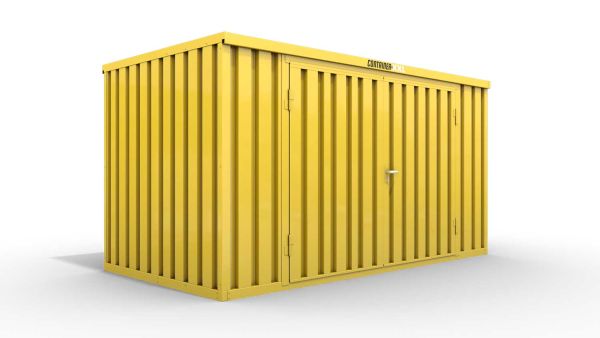 Lagercontainer XL  – 10 qm, H2150 x B5080 x T2170 mm, Außenwandlackierung RAL 1003 signalgelb, Dach außen verzinkt, mit Holzfußboden, 2750 mm Doppelflügeltür mittig in Breitseite, montiert