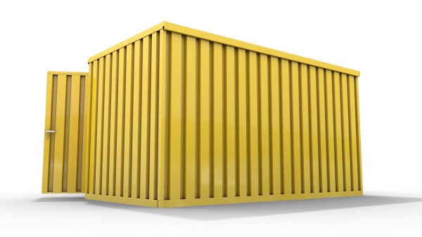 Lagercontainer XL  – 10 qm, H2150 x B5080 x T2170 mm, Außenwandlackierung RAL 1003 signalgelb, Dach außen verzinkt, mit Holzfußboden, 2750 mm Doppelflügeltür mittig in Breitseite, montiert