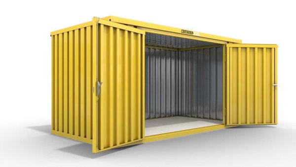 Lagercontainer M  – 6 qm, H2150 x B3050 x T2170 mm, Außenwandlackierung RAL 1003 signalgelb, Dach außen verzinkt, mit Holzfußboden, 2750 mm Doppelflügeltür mittig in Breitseite, montiert