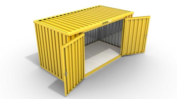 Lagercontainer M  – 6 qm, H2150 x B3050 x T2170 mm, Außenwandlackierung RAL 1003 signalgelb, Dach außen verzinkt, mit Holzfußboden, 2750 mm Doppelflügeltür mittig in Breitseite, montiert