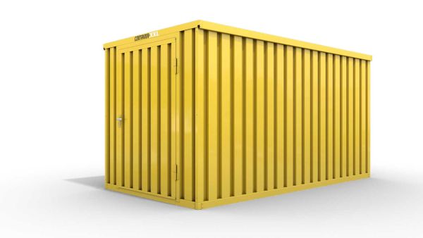 Lagercontainer M  – 6 qm, H2150 x B3050 x T2170 mm, Außenwandlackierung RAL 1003 signalgelb, Dach außen verzinkt, mit Holzfußboden, 1270 mm Einflügeltür mittig in Stirnseite, montiert