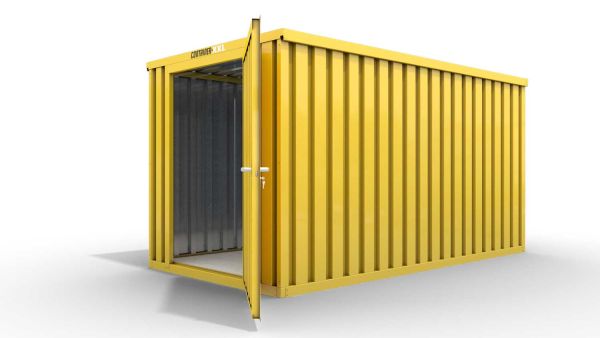 Lagercontainer L  – 8 qm, H2150 x B4050 x T2170 mm, Außenwandlackierung RAL 1003 signalgelb, Dach außen verzinkt, mit Holzfußboden, 1270 mm Einflügeltür mittig in Stirnseite, montiert