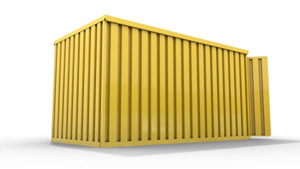 Lagercontainer XL  – 10 qm, H2150 x B5080 x T2170 mm, Außenwandlackierung RAL 1003 signalgelb, Dach außen verzinkt, mit Holzfußboden, 1830 mm Doppelflügeltür mittig in Stirnseite, montiert